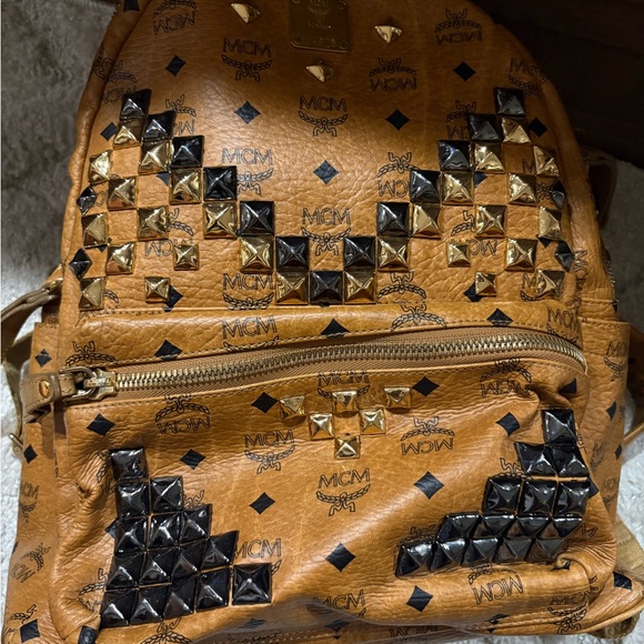MCM Tan Backpack with Gold and Black Studs - Picture 9 of 11